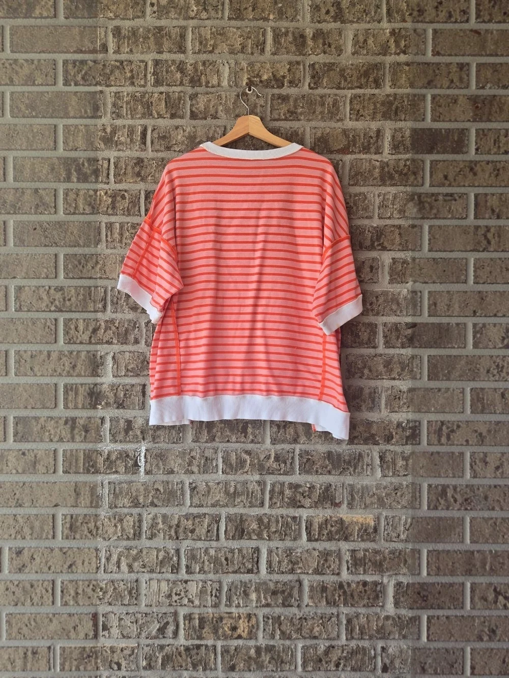 Amazon Women's Pink & Coral Striped Short Sleeve Top / Size L